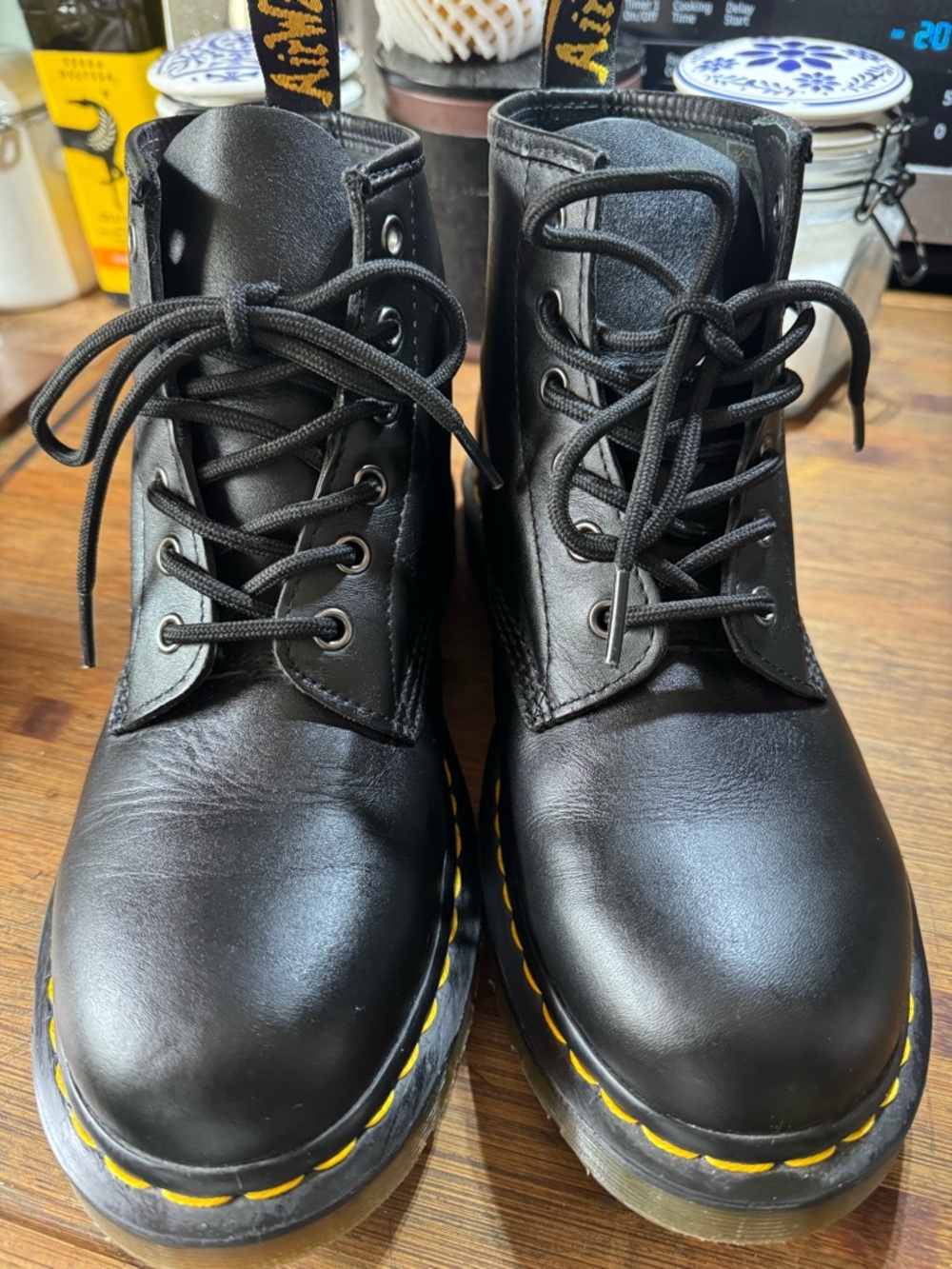 Dr. Martens Black Leather Lace-Up Boots with Yellow Stitching *BNWOT*